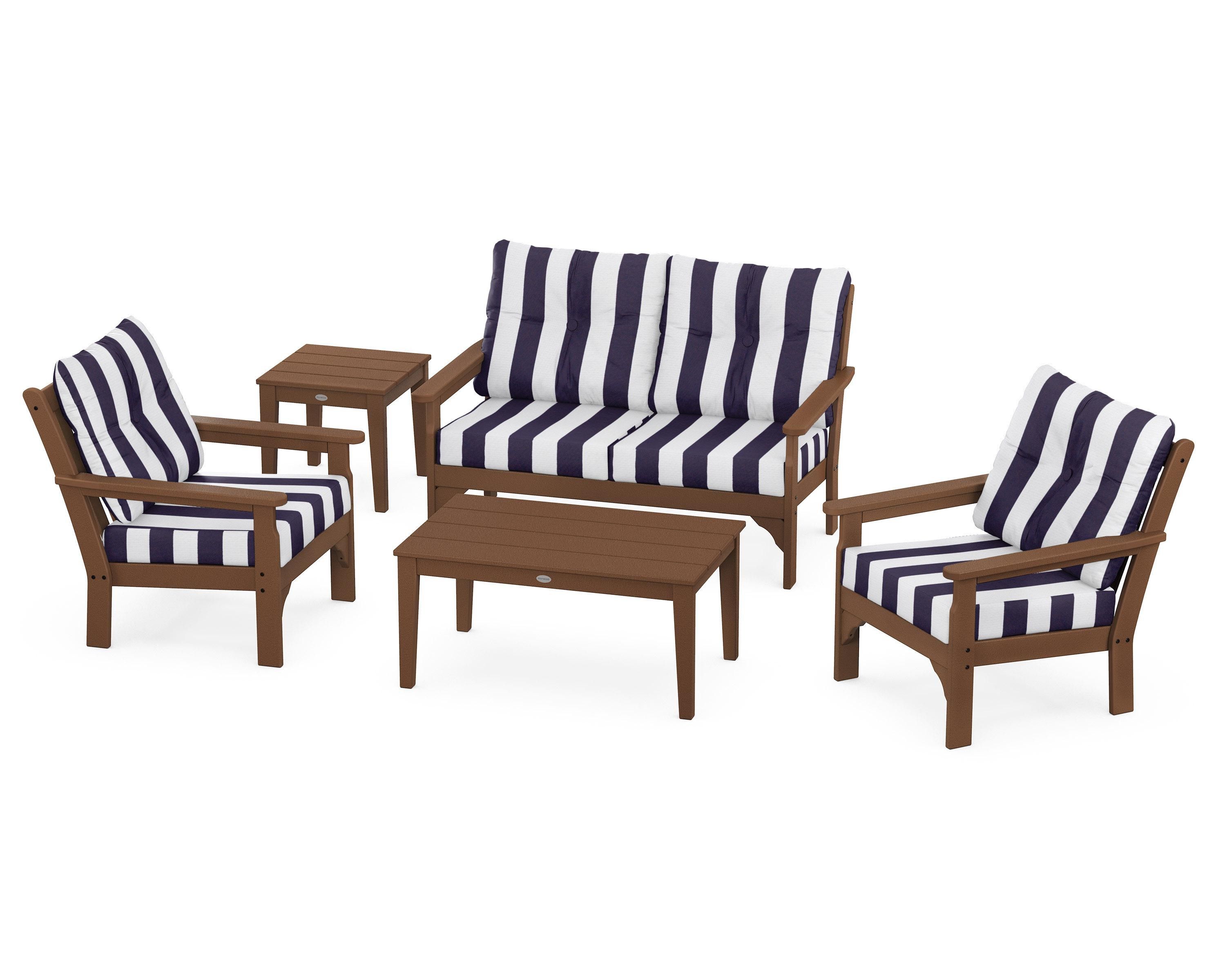 POLYWOOD® Vineyard 5-Piece Deep Seating Set in Teak / Cabana Stripe Navy