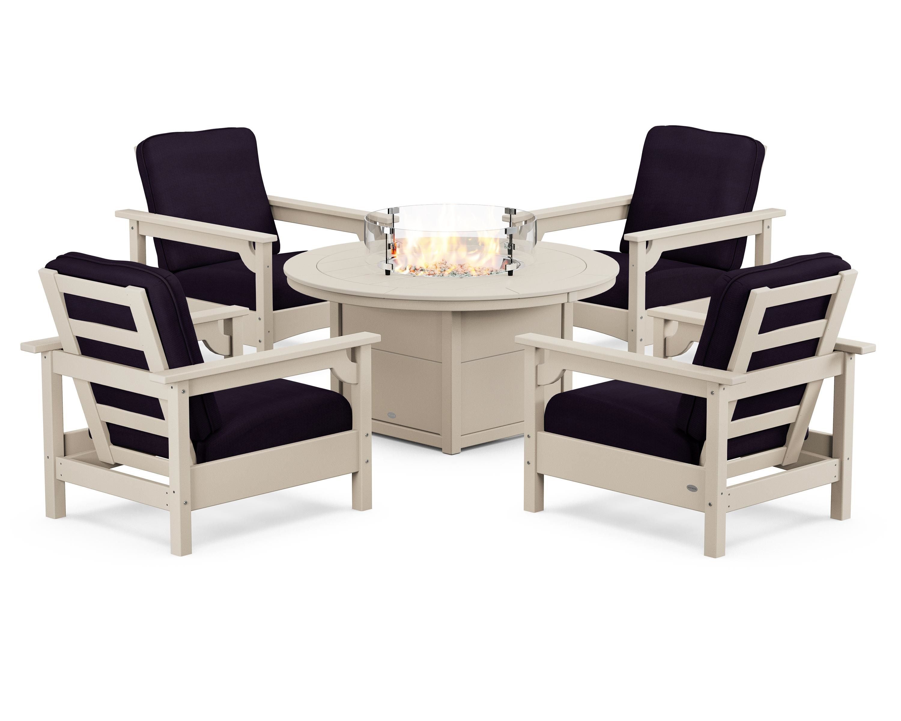 POLYWOOD® Club 5-Piece Conversation Set with Fire Pit Table in Sand / Navy Linen