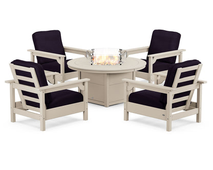 POLYWOOD® Club 5-Piece Conversation Set with Fire Pit Table in Sand / Navy Linen