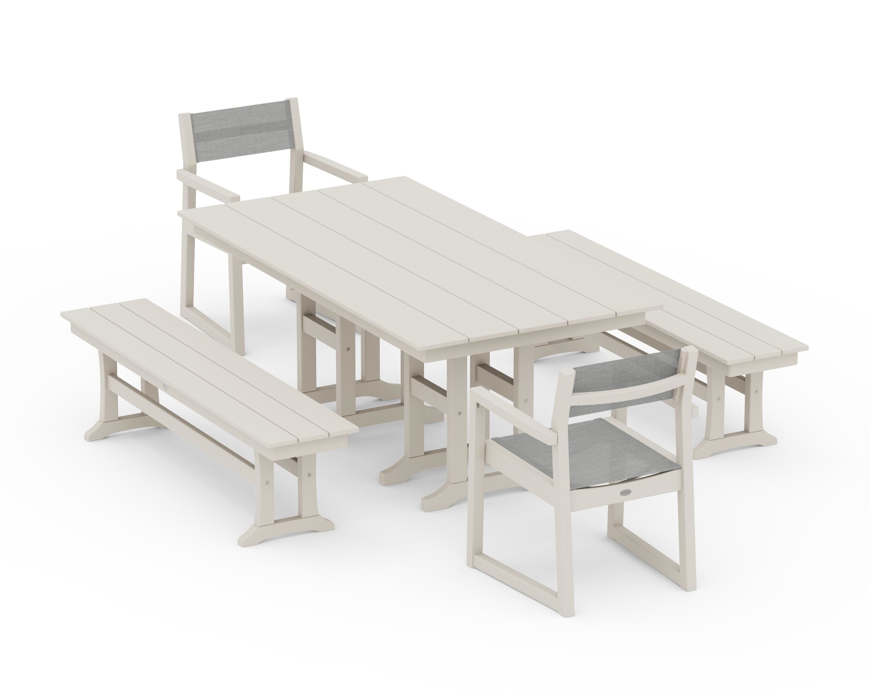 POLYWOOD® EDGE Sling Arm Chair 5-Piece Farmhouse Dining Set with Benches in Sand / Metallic Sling