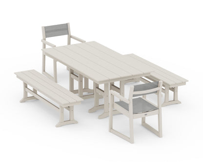 POLYWOOD® EDGE Sling Arm Chair 5-Piece Farmhouse Dining Set with Benches in Sand / Metallic Sling