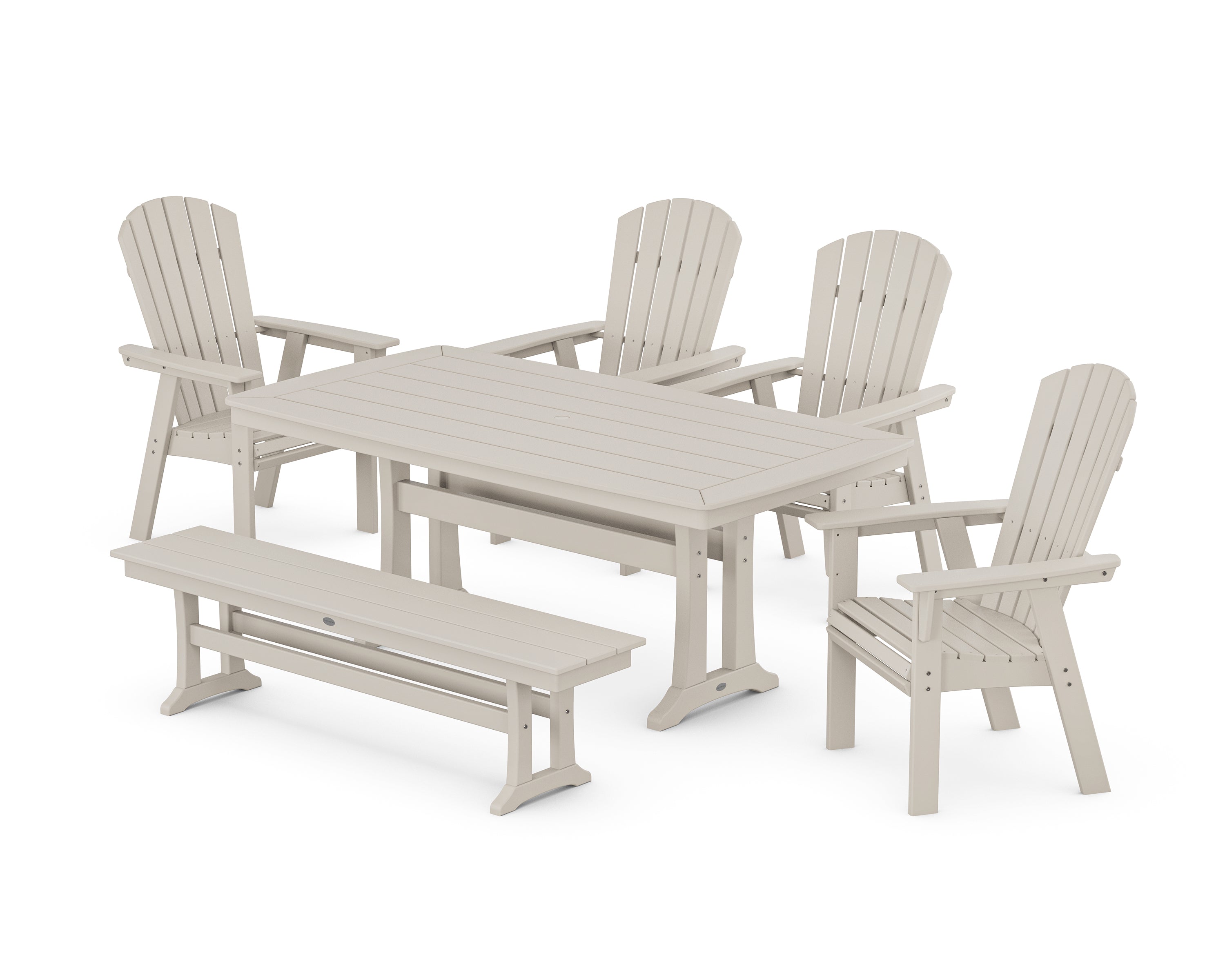 POLYWOOD® Nautical Curveback Adirondack 6-Piece Dining Set with Trestle Legs and Bench in Sand
