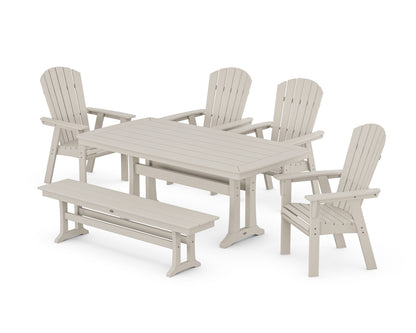 POLYWOOD® Nautical Curveback Adirondack 6-Piece Dining Set with Trestle Legs and Bench in Sand