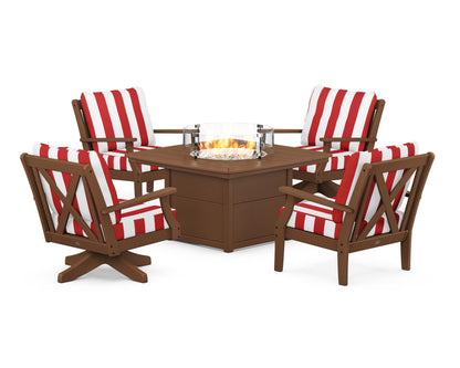POLYWOOD® Braxton 5-Piece Deep Seating Set with Fire Table in Teak / Cabana Stripe Crimson