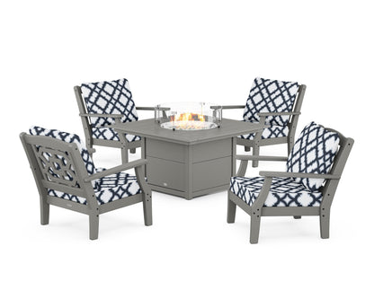 Martha Stewart by POLYWOOD® Chinoiserie 5-Piece Deep Seating Set with Fire Pit Table in Slate Grey / Trellis Marine Indigo