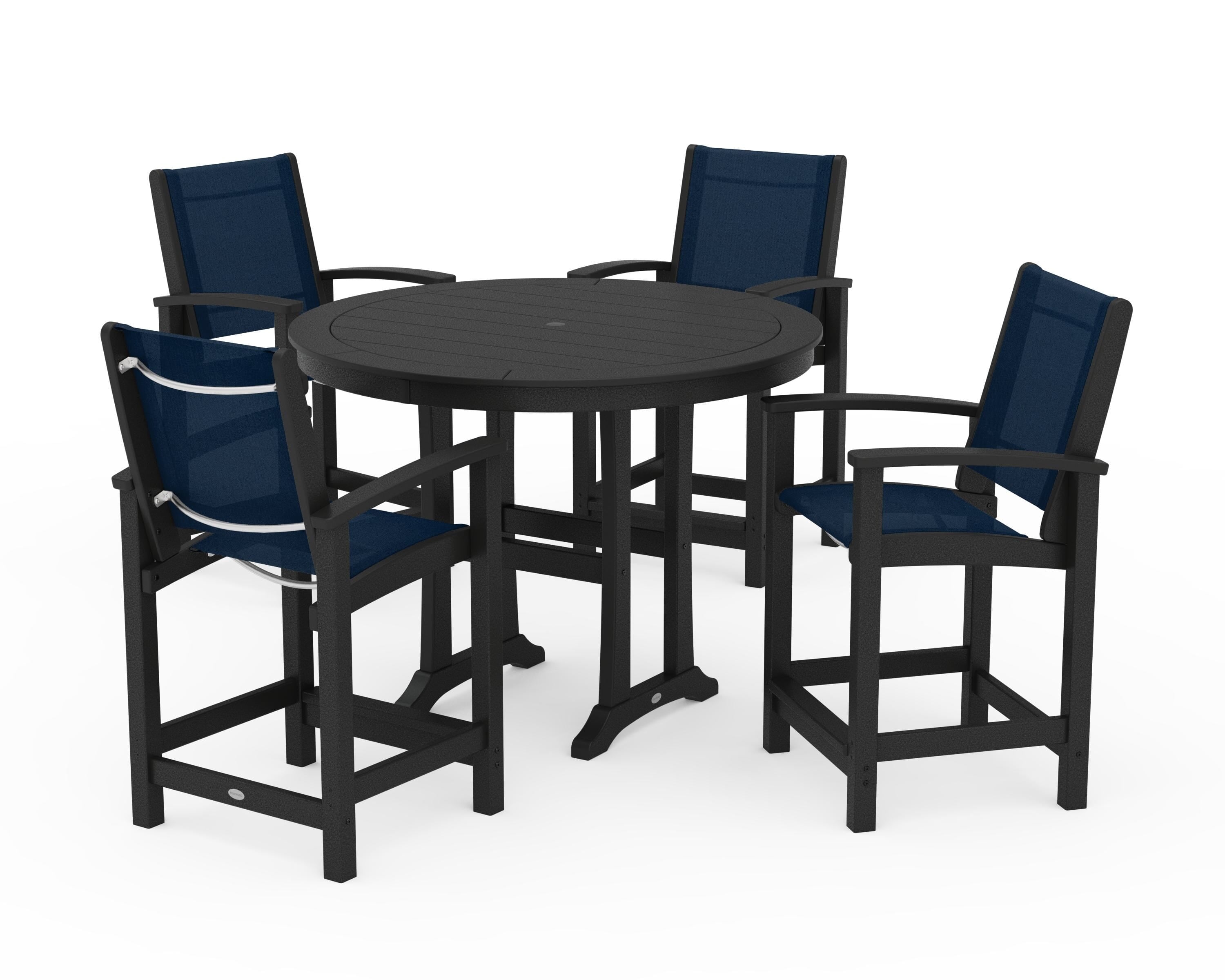POLYWOOD® Coastal 5-Piece Counter Set in Black / Navy Blue Sling