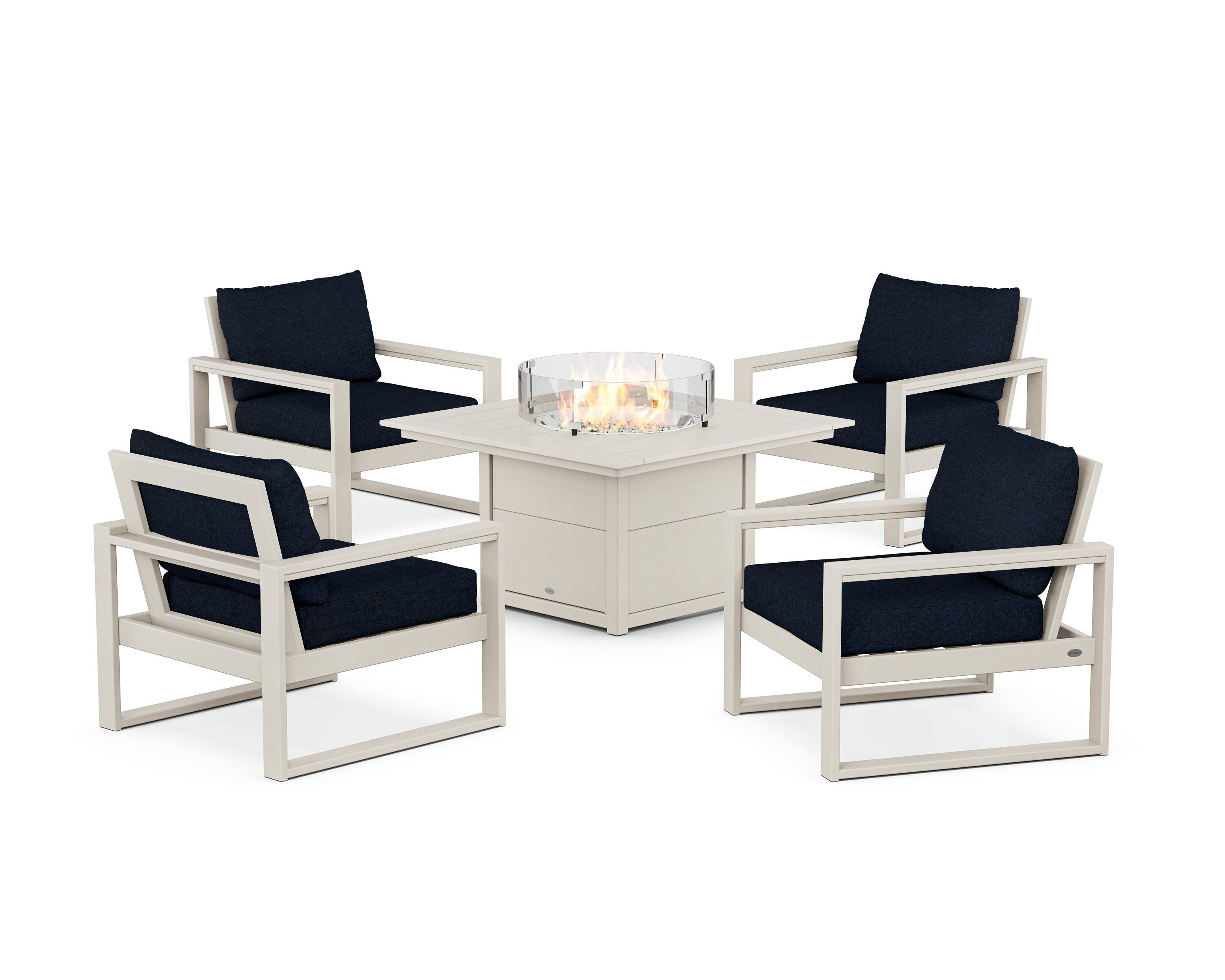 POLYWOOD® EDGE Sectional 5-Piece Deep Seating Set with Fire Pit Table in Sand / Marine Indigo