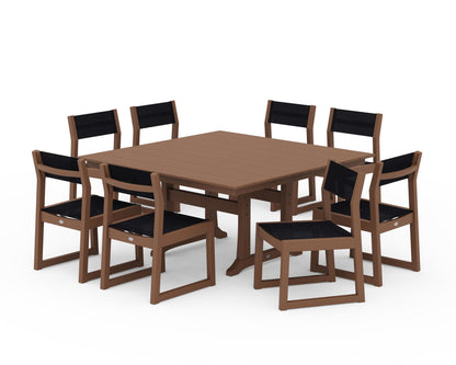POLYWOOD® EDGE Sling Side Chair 9-Piece Farmhouse Trestle Dining Set in Teak / Black Sling
