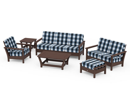 POLYWOOD® Harbour 6-Piece Outdoor Living Set in Mahogany / Buffalo Plaid Marine Indigo