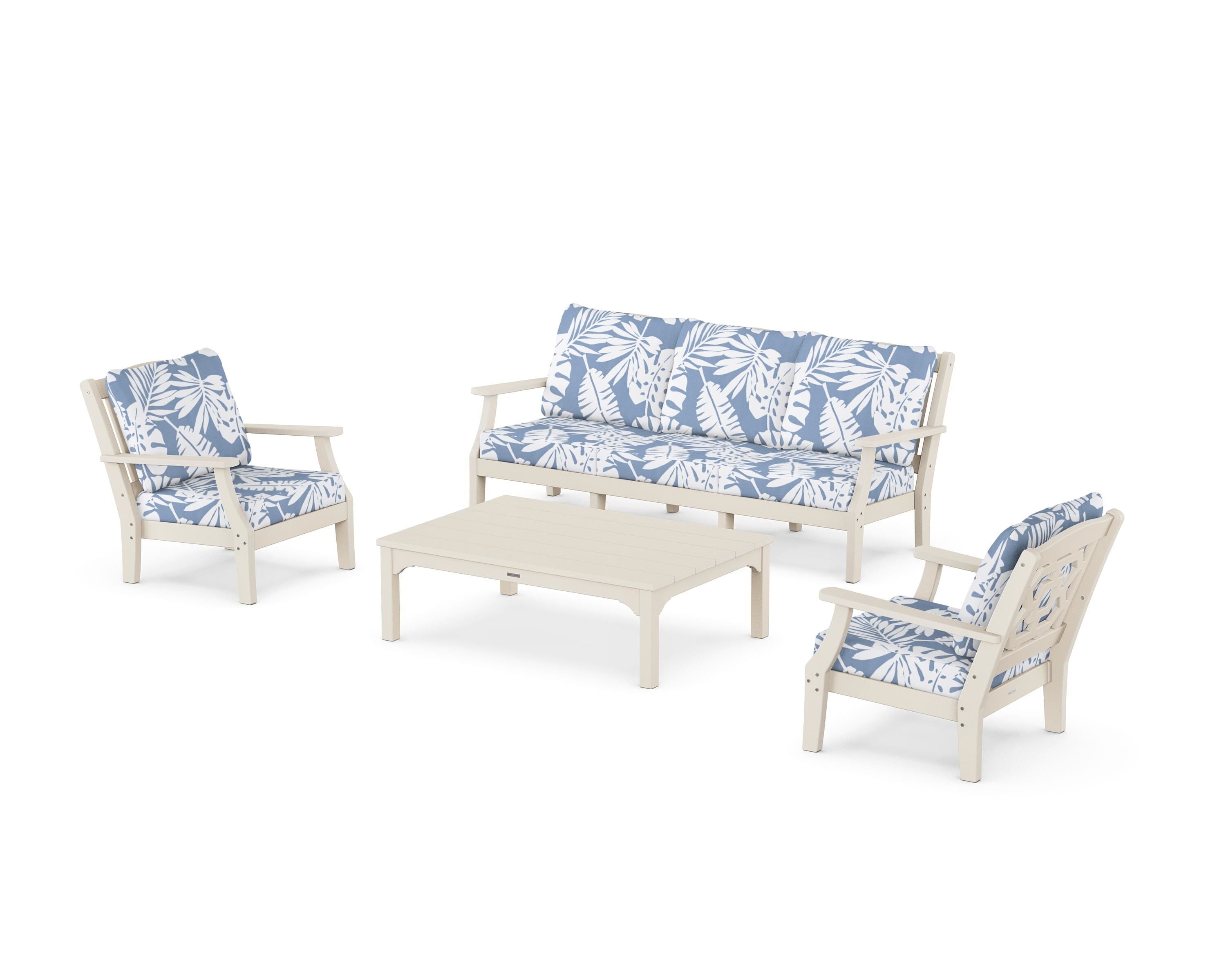 Martha Stewart by POLYWOOD® Chinoiserie 4-Piece Deep Seating Set with Sofa in Sand / Leaf Sky Blue