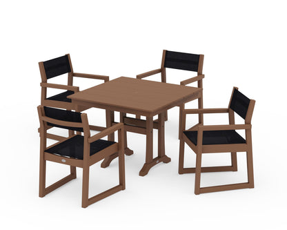 POLYWOOD® EDGE Sling 5-Piece Farmhouse Dining Set with Trestle Legs in Teak / Black Sling