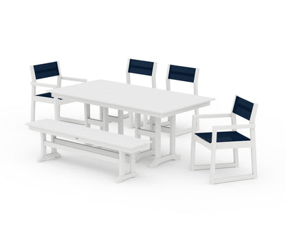 POLYWOOD® EDGE Sling 6-Piece Farmhouse Dining Set in White / Navy Blue Sling