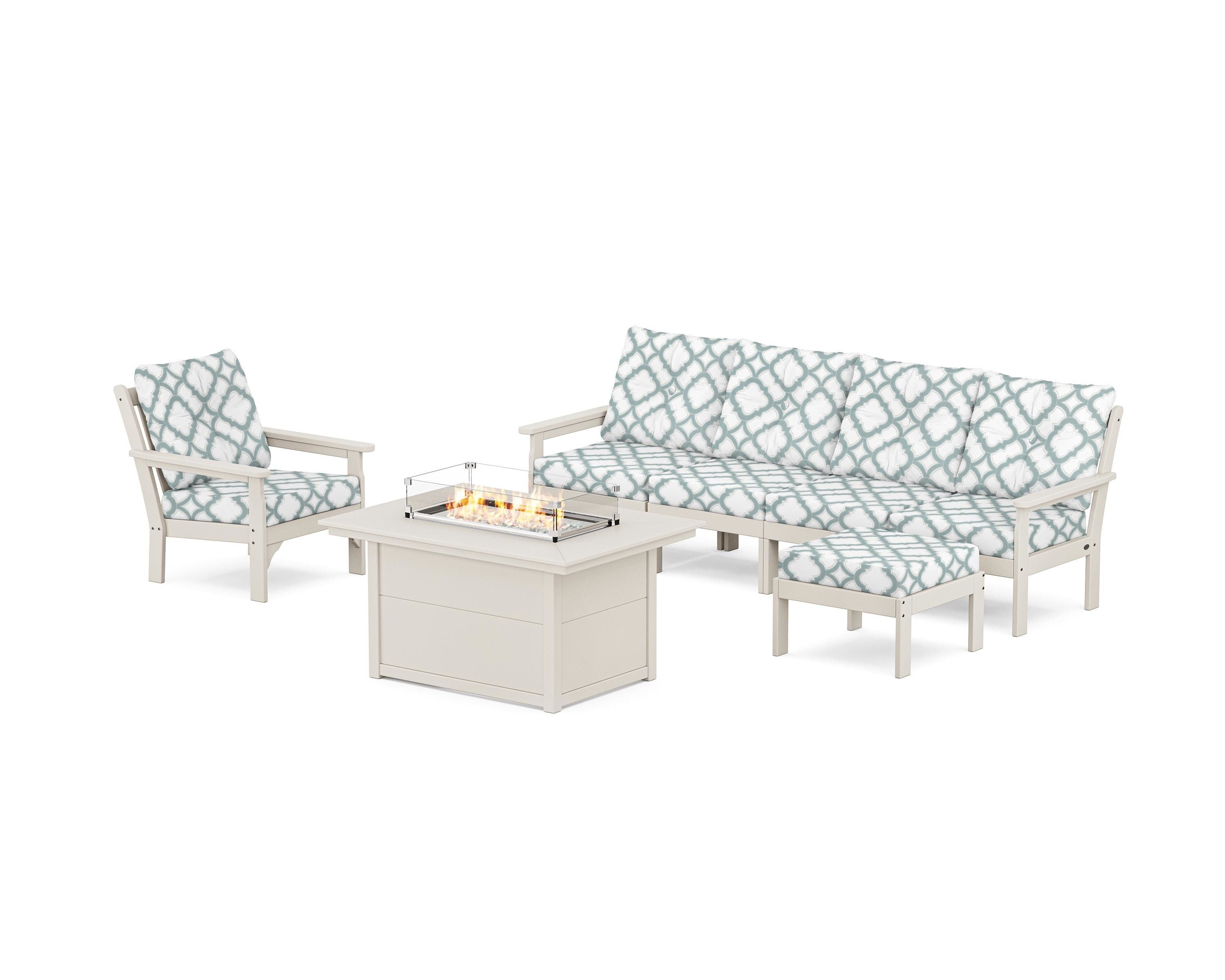POLYWOOD® Vineyard Sectional Lounge and Fire Pit Set in Sand / Trellis Glacier Spa