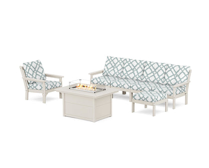 POLYWOOD® Vineyard Sectional Lounge and Fire Pit Set in Sand / Trellis Glacier Spa