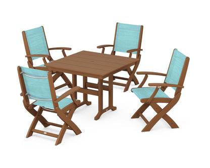POLYWOOD® Coastal Folding Chair 5-Piece Farmhouse Dining Set in Teak / Dupioni Aquamarine Sling