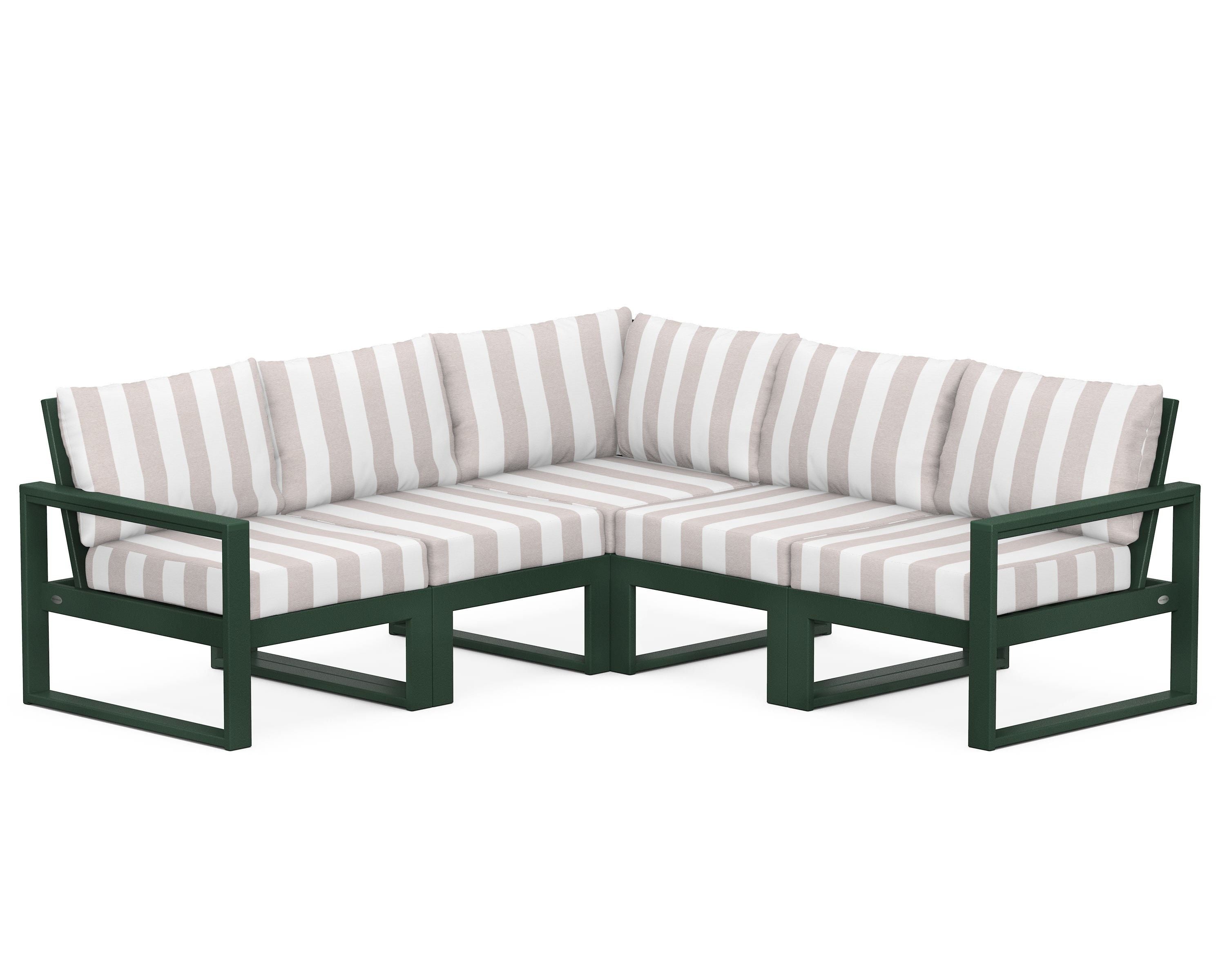 POLYWOOD® EDGE 5-Piece Modular Deep Seating Set in Green / Cabana Stripe Dune Burlap