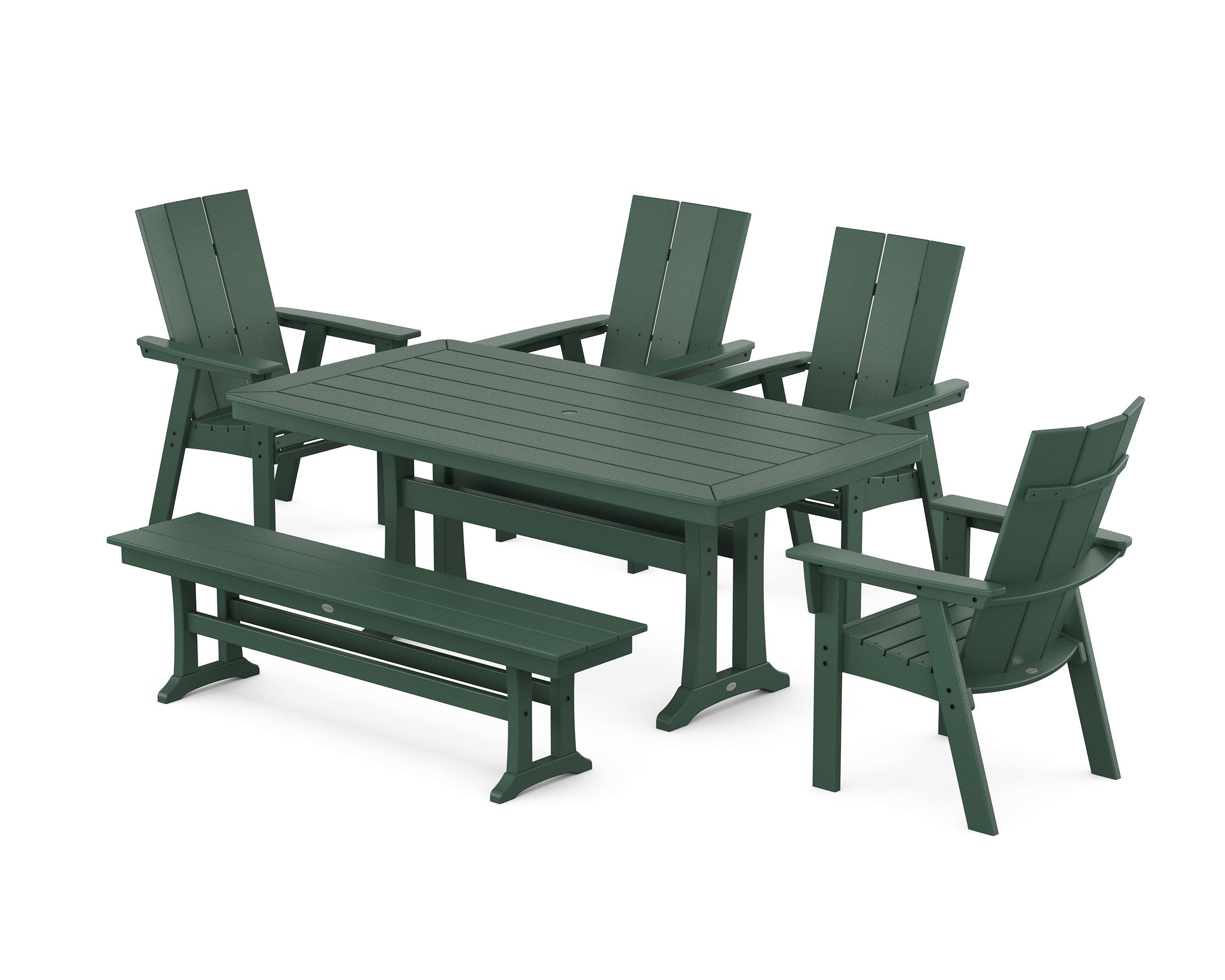 POLYWOOD® Modern Curveback Adirondack 6-Piece Farmhouse Dining Set with Trestle Legs and Bench in Green
