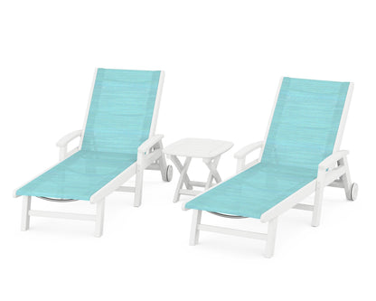 POLYWOOD® Coastal 3-Piece Wheeled Chaise Set in White / Dupioni Aquamarine Sling