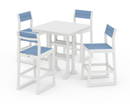POLYWOOD® EDGE Sling Arm Chair 5-Piece Farmhouse Bar Set with Trestle Legs in White / Poolside Sling