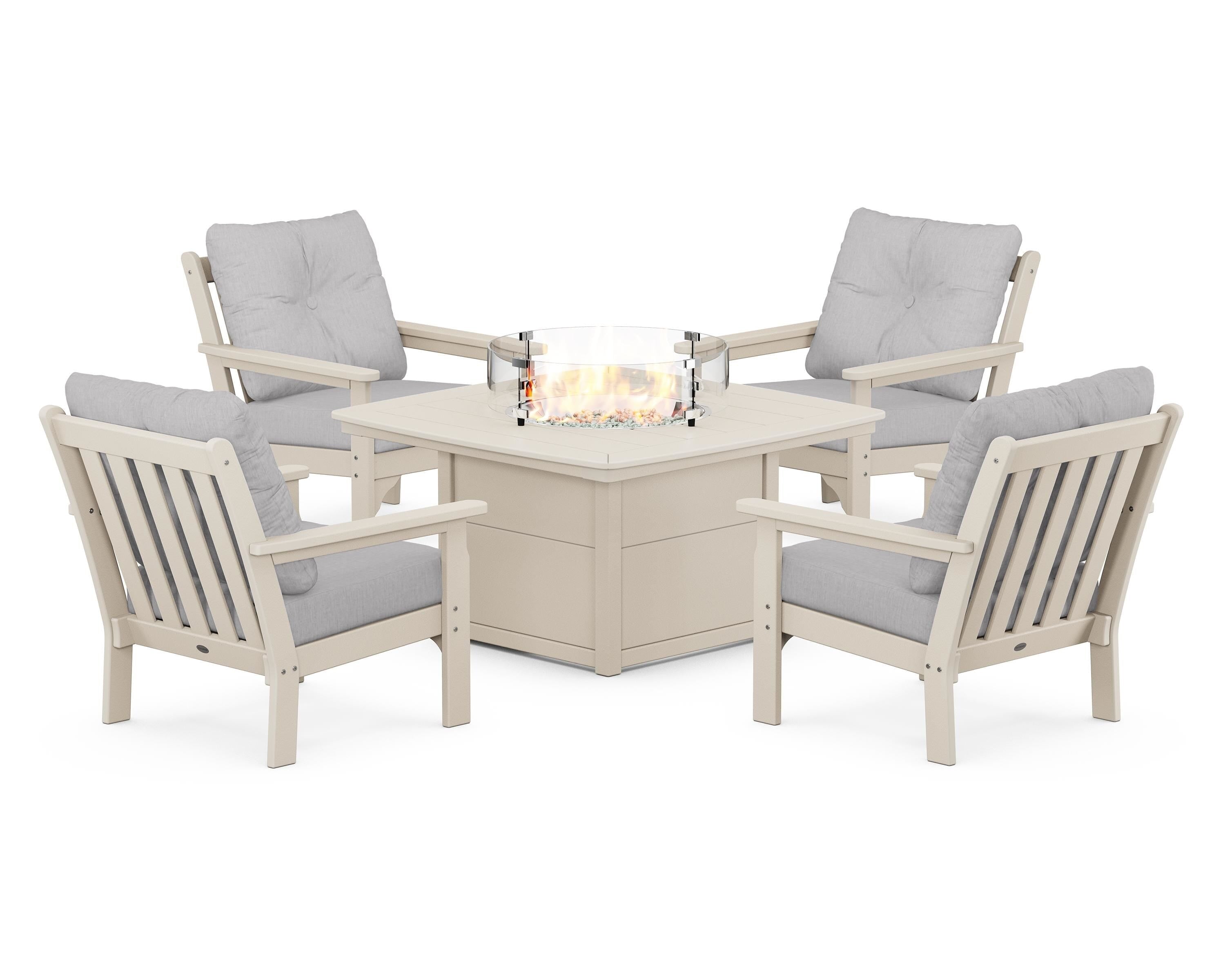 POLYWOOD® Vineyard 5-Piece Conversation Set with Fire Pit Table in Sand / Granite