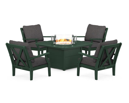 POLYWOOD® Braxton 5-Piece Deep Seating Conversation Set with Fire Pit Table in Green / Ash Charcoal