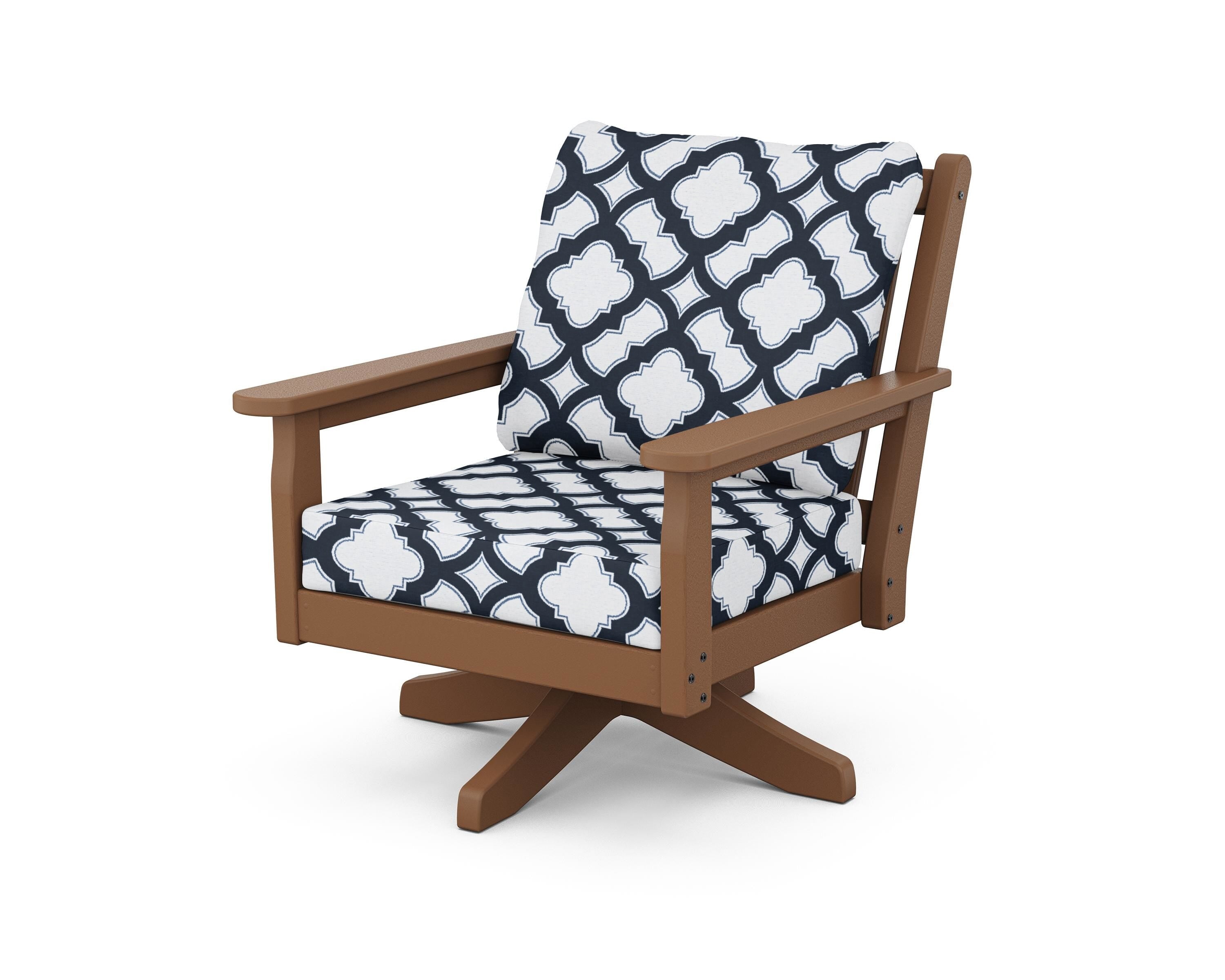 POLYWOOD® Chippendale Deep Seating Swivel Chair in Teak / Trellis Marine Indigo