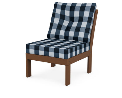 POLYWOOD® Vineyard Modular Armless Chair in Teak / Buffalo Plaid Marine Indigo