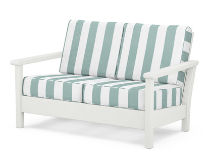 POLYWOOD® Harbour Deep Seating Loveseat in Vintage White / Cabana Stripe Glacier Spa