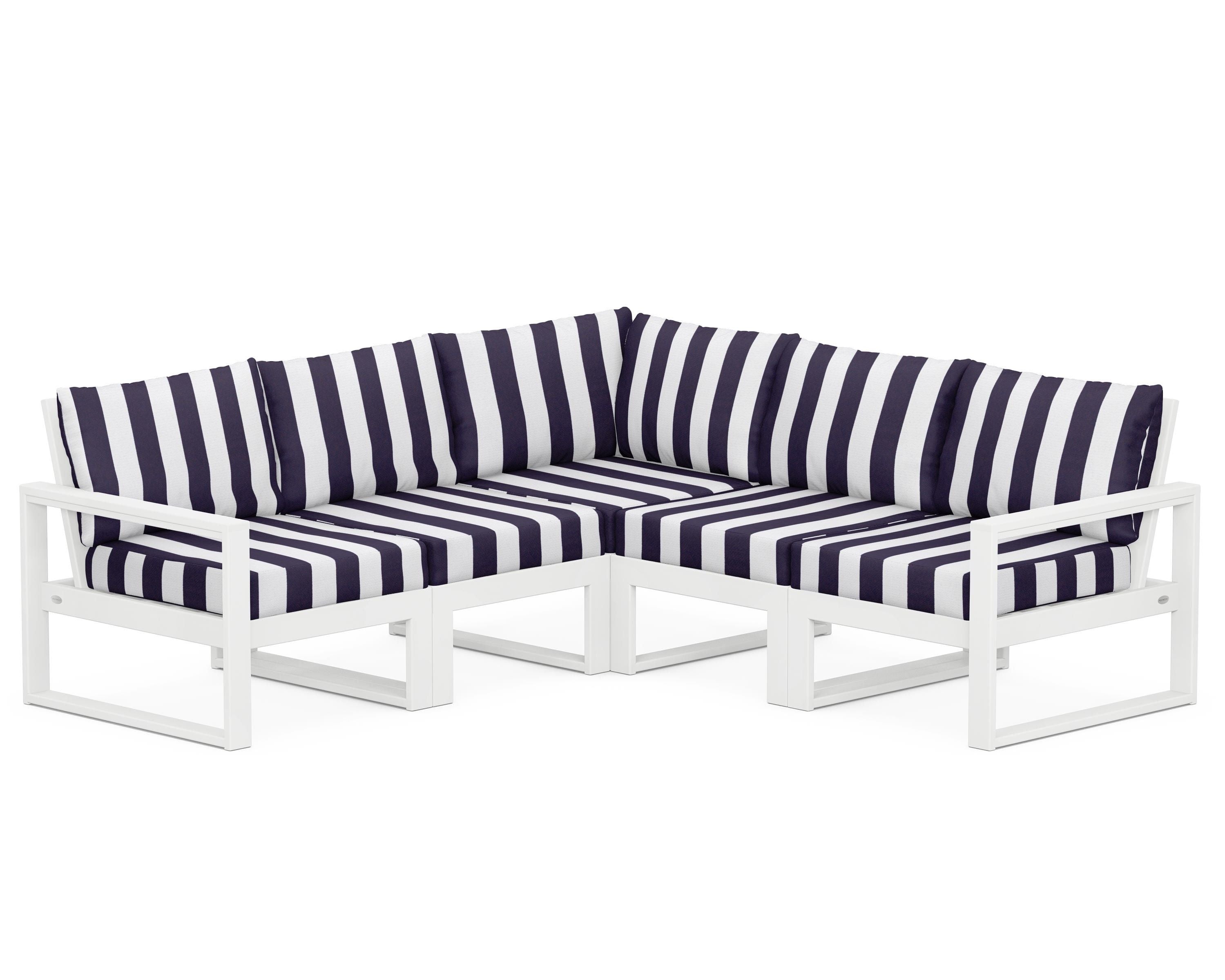 POLYWOOD® EDGE 5-Piece Modular Deep Seating Set in White / Cabana Stripe Navy