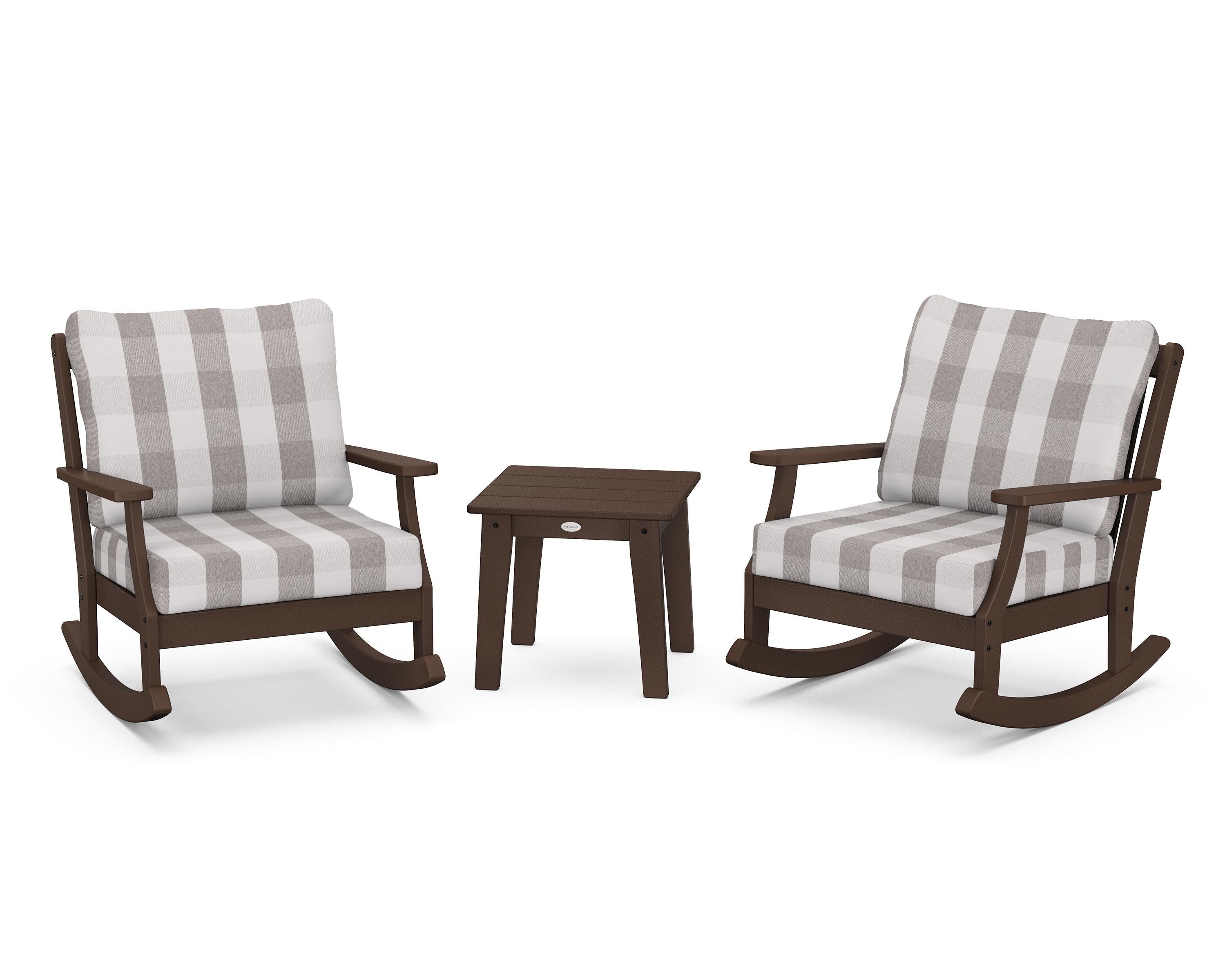 POLYWOOD® Braxton 3-Piece Deep Seating Rocker Set in Mahogany / Buffalo Plaid Grey Mist