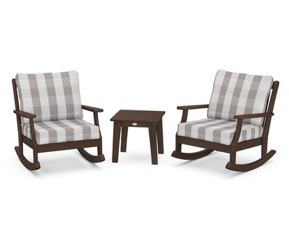 POLYWOOD® Braxton 3-Piece Deep Seating Rocker Set in Mahogany / Buffalo Plaid Grey Mist