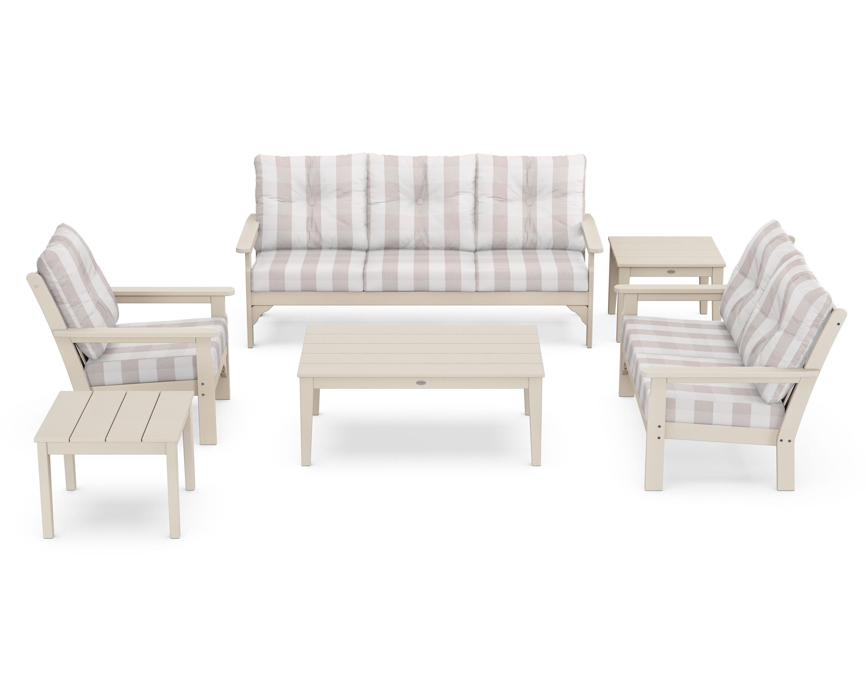POLYWOOD® Vineyard 6-Piece Deep Seating Set in Sand / Buffalo Plaid Dune Burlap