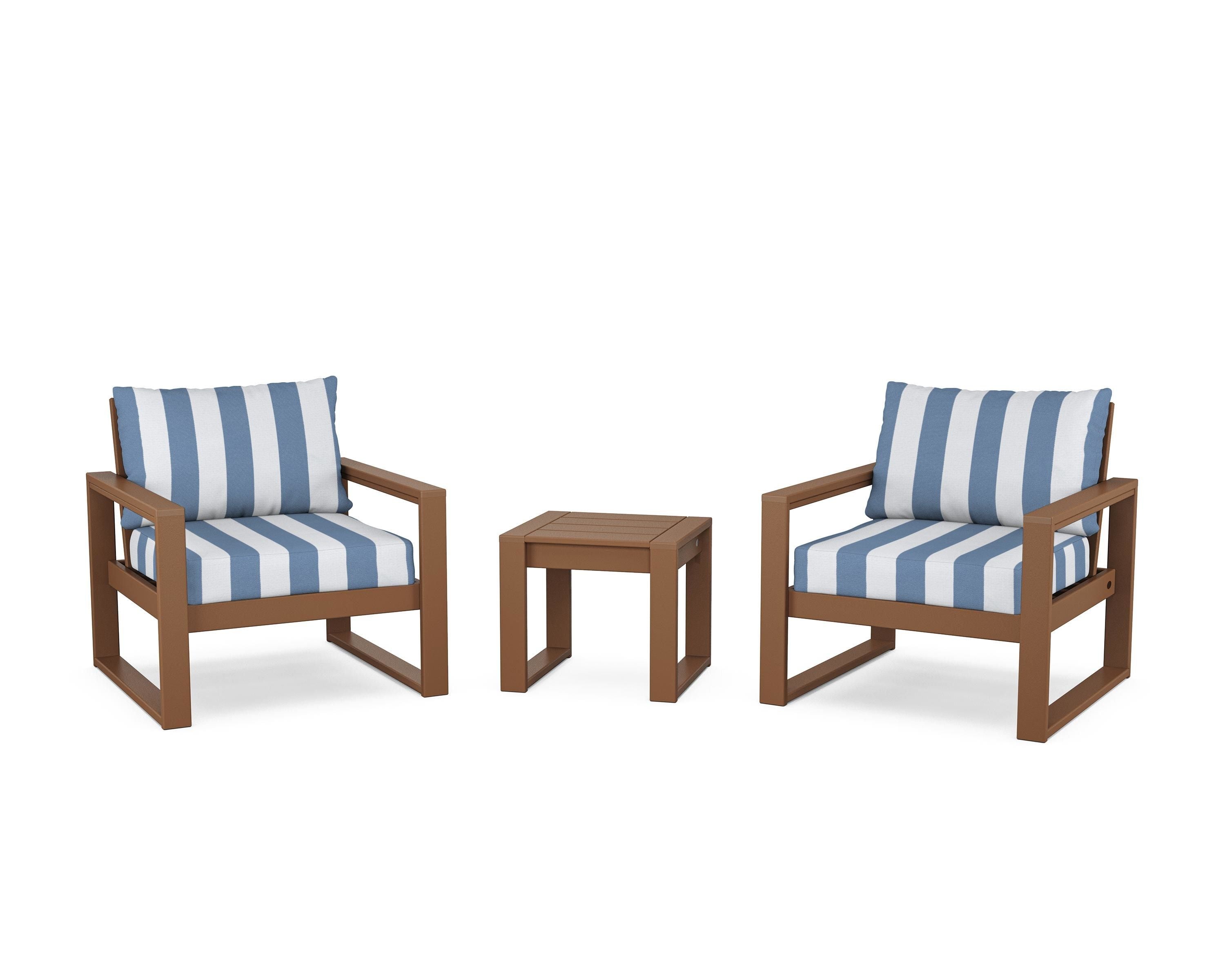 POLYWOOD® EDGE Sectional 3-Piece Deep Seating Set in Teak / Cabana Stripe Sky Blue