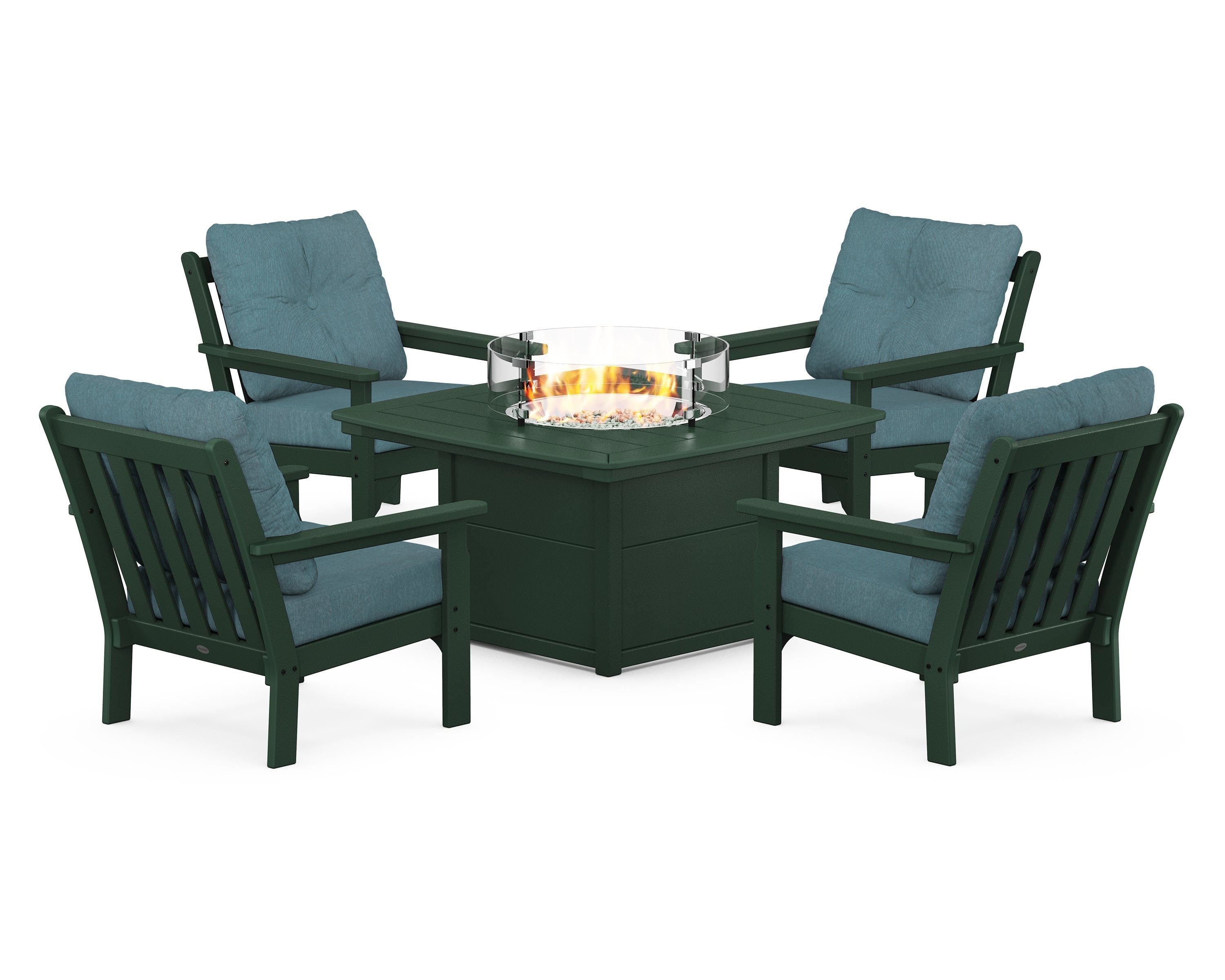 POLYWOOD® Vineyard 5-Piece Conversation Set with Fire Pit Table in Green / Ocean Teal