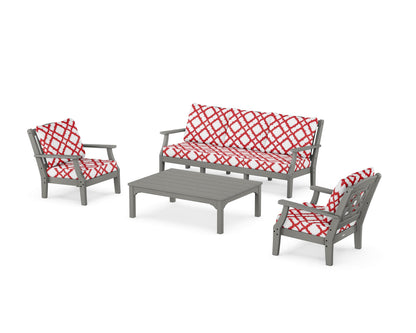 Martha Stewart by POLYWOOD® Chinoiserie 4-Piece Deep Seating Set with Sofa in Slate Grey / Trellis Crimson