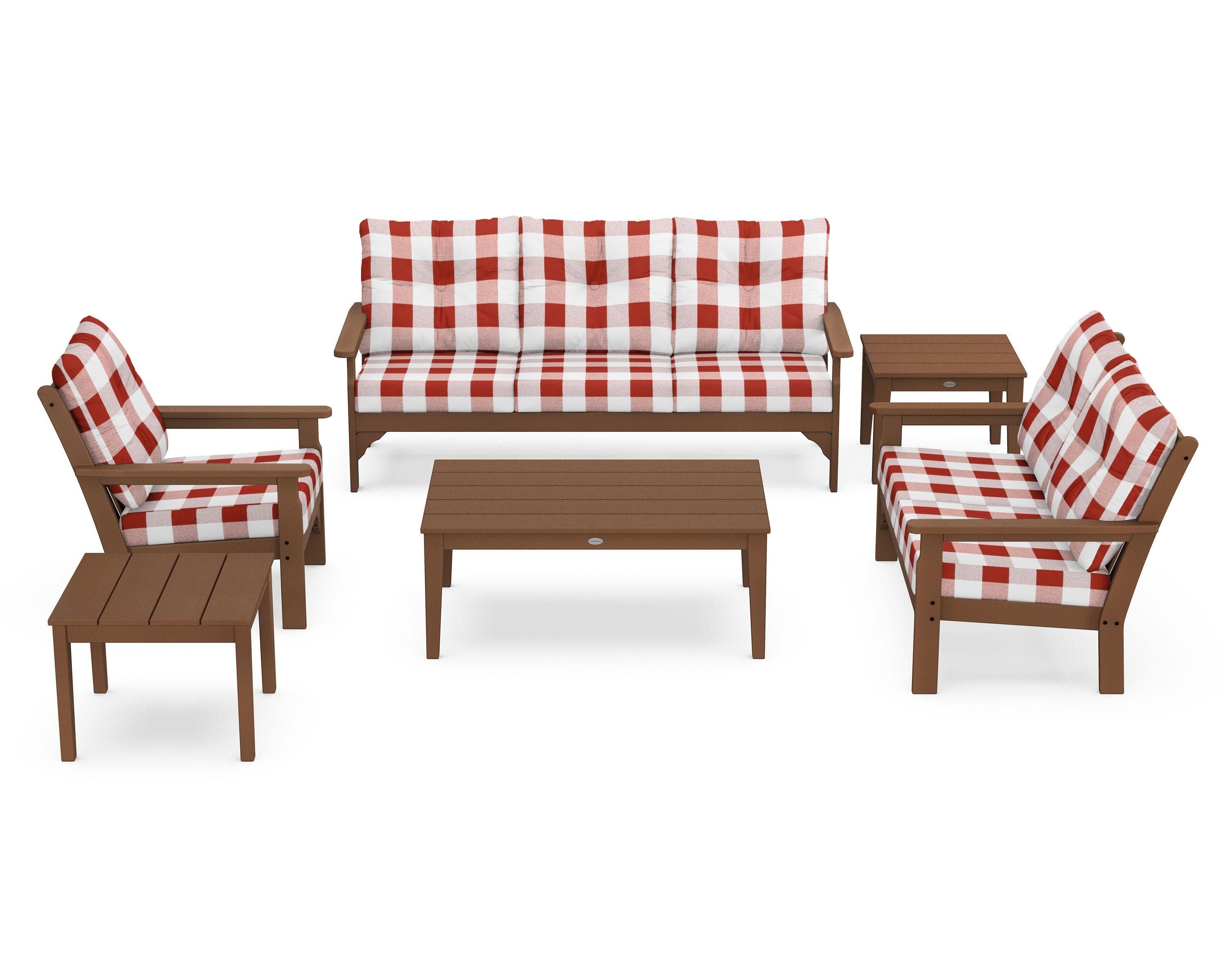POLYWOOD® Vineyard 6-Piece Deep Seating Set in Teak / Buffalo Plaid Crimson