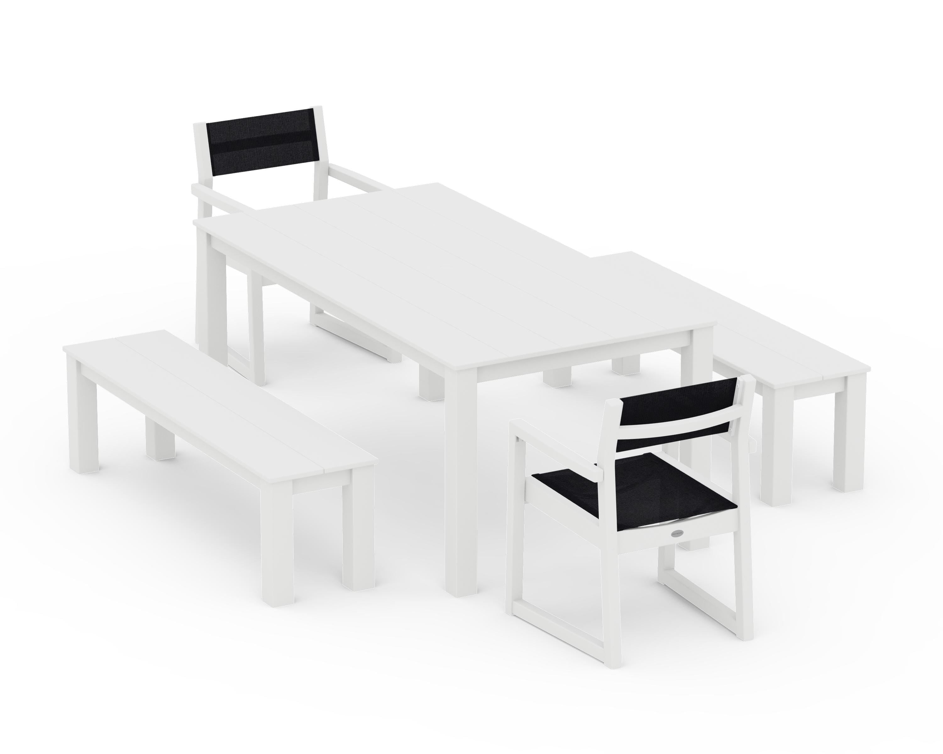 POLYWOOD® EDGE Sling Arm Chair 5-Piece Parsons Dining Set with Benches in White / Black Sling