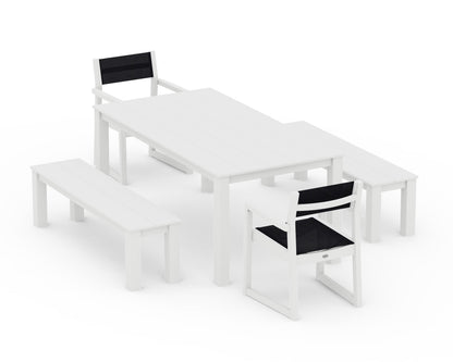 POLYWOOD® EDGE Sling Arm Chair 5-Piece Parsons Dining Set with Benches in White / Black Sling