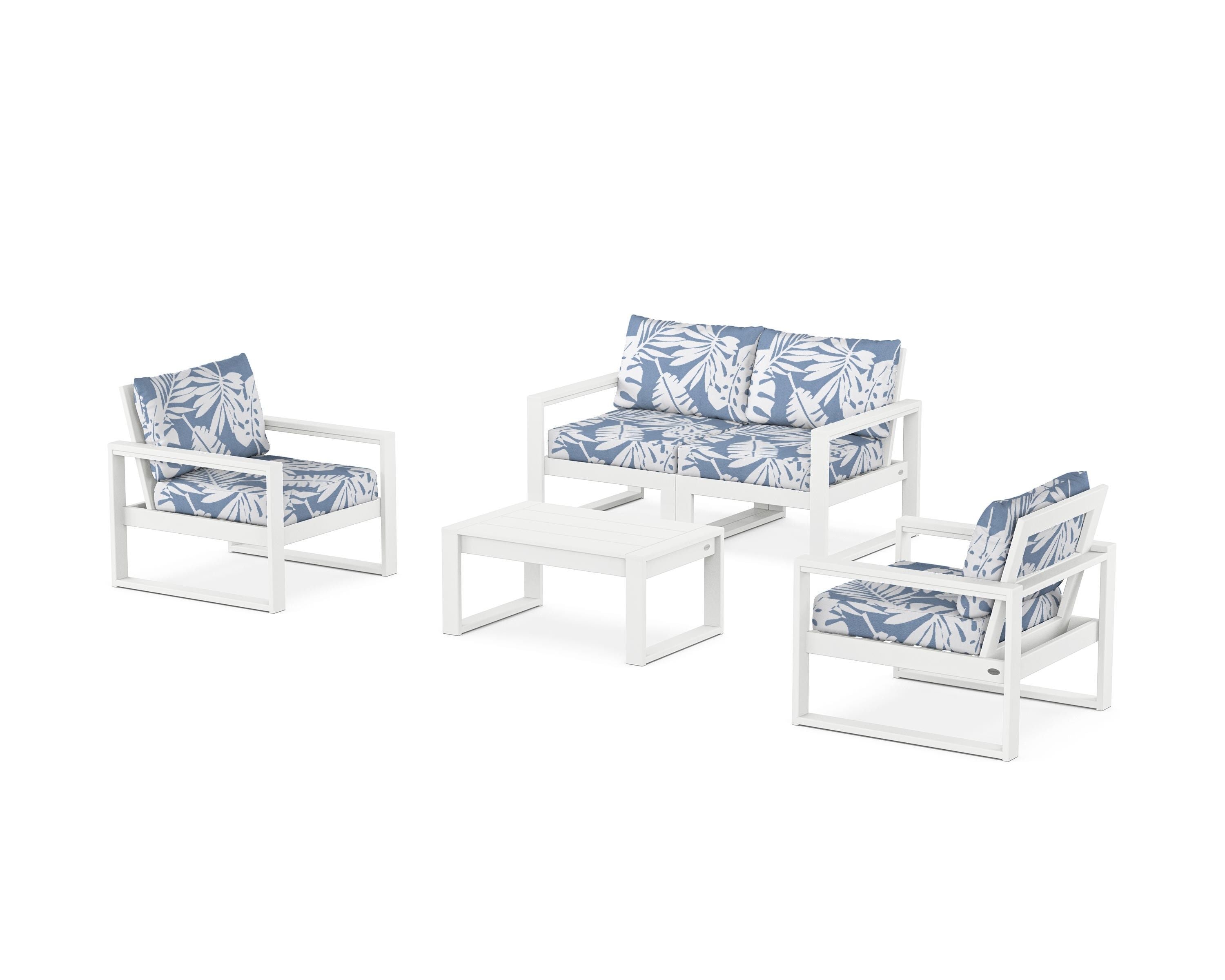 POLYWOOD® EDGE Sectional 4-Piece Deep Seating Set with Loveseat in White / Leaf Sky Blue