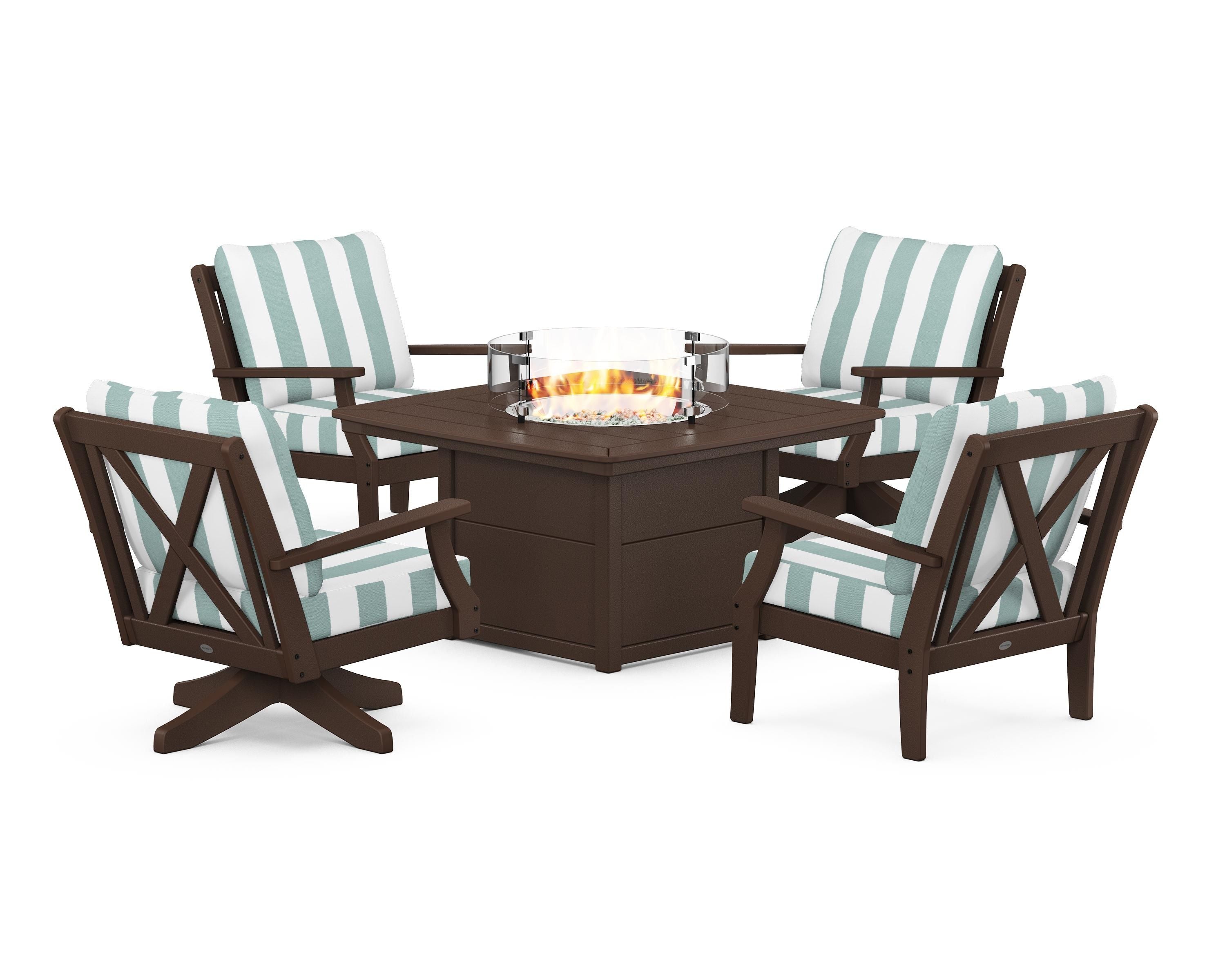 POLYWOOD® Braxton 5-Piece Deep Seating Set with Fire Table in Mahogany / Cabana Stripe Glacier Spa