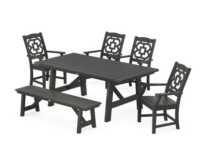 Martha Stewart by POLYWOOD® Chinoiserie 6-Piece Rustic Farmhouse Dining Set with Bench in Black