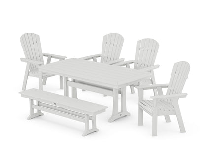 POLYWOOD® Nautical Curveback Adirondack 6-Piece Dining Set with Trestle Legs and Bench in White