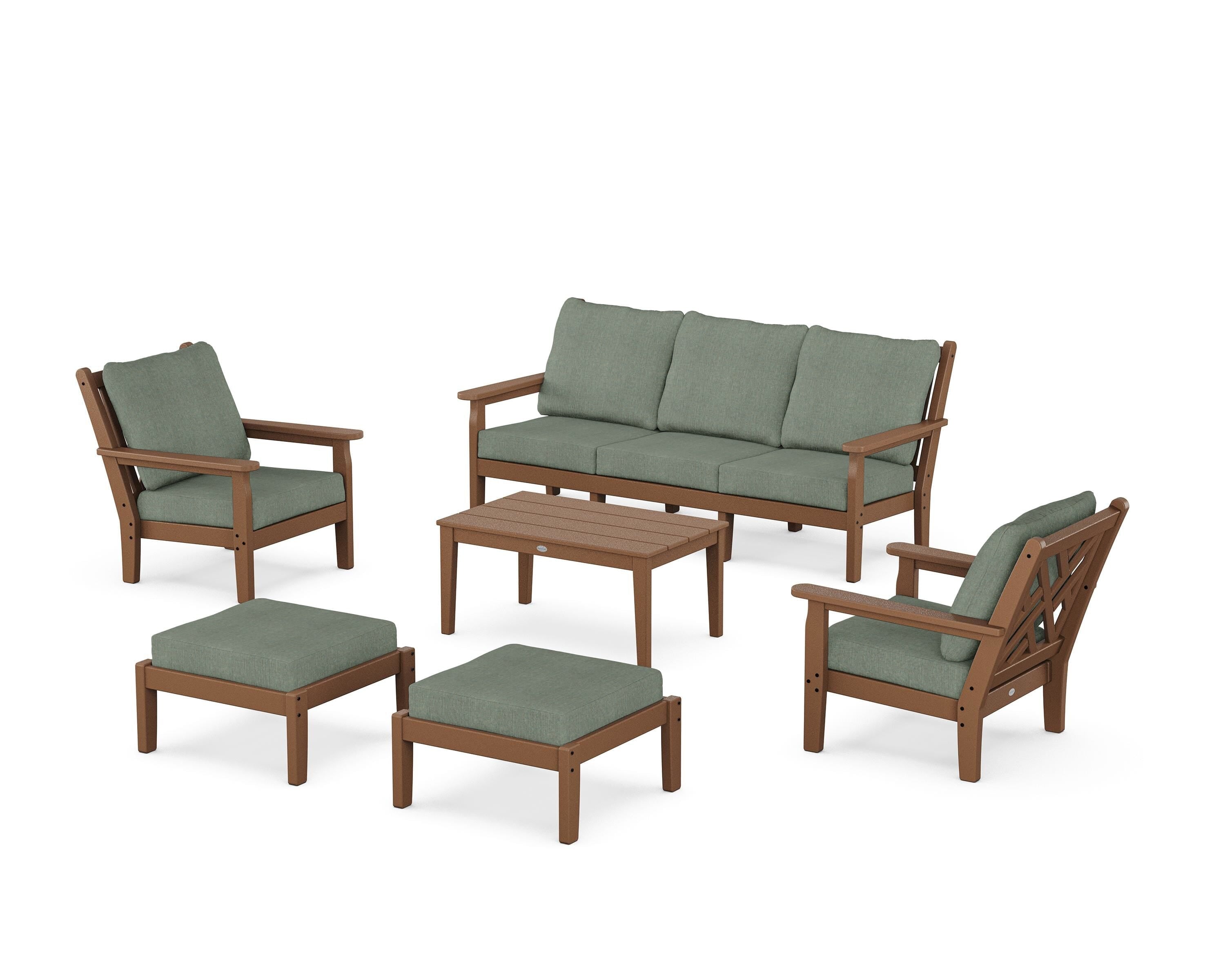 POLYWOOD® Chippendale 6-Piece Lounge Sofa Set in Teak / Cast Sage