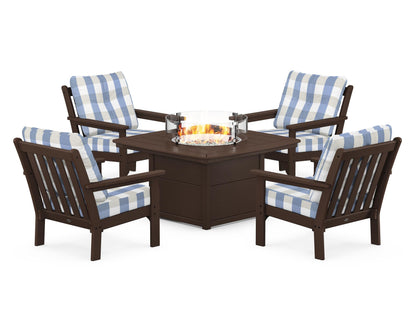 POLYWOOD® Vineyard 5-Piece Conversation Set with Fire Pit Table in Mahogany / Buffalo Plaid Sky Blue