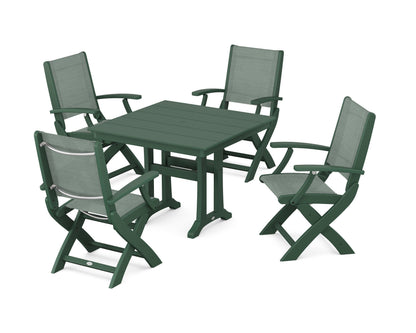 POLYWOOD® Coastal Folding Chair 5-Piece Farmhouse Dining Set With Trestle Legs in Green / Dupioni Sea Mist Sling