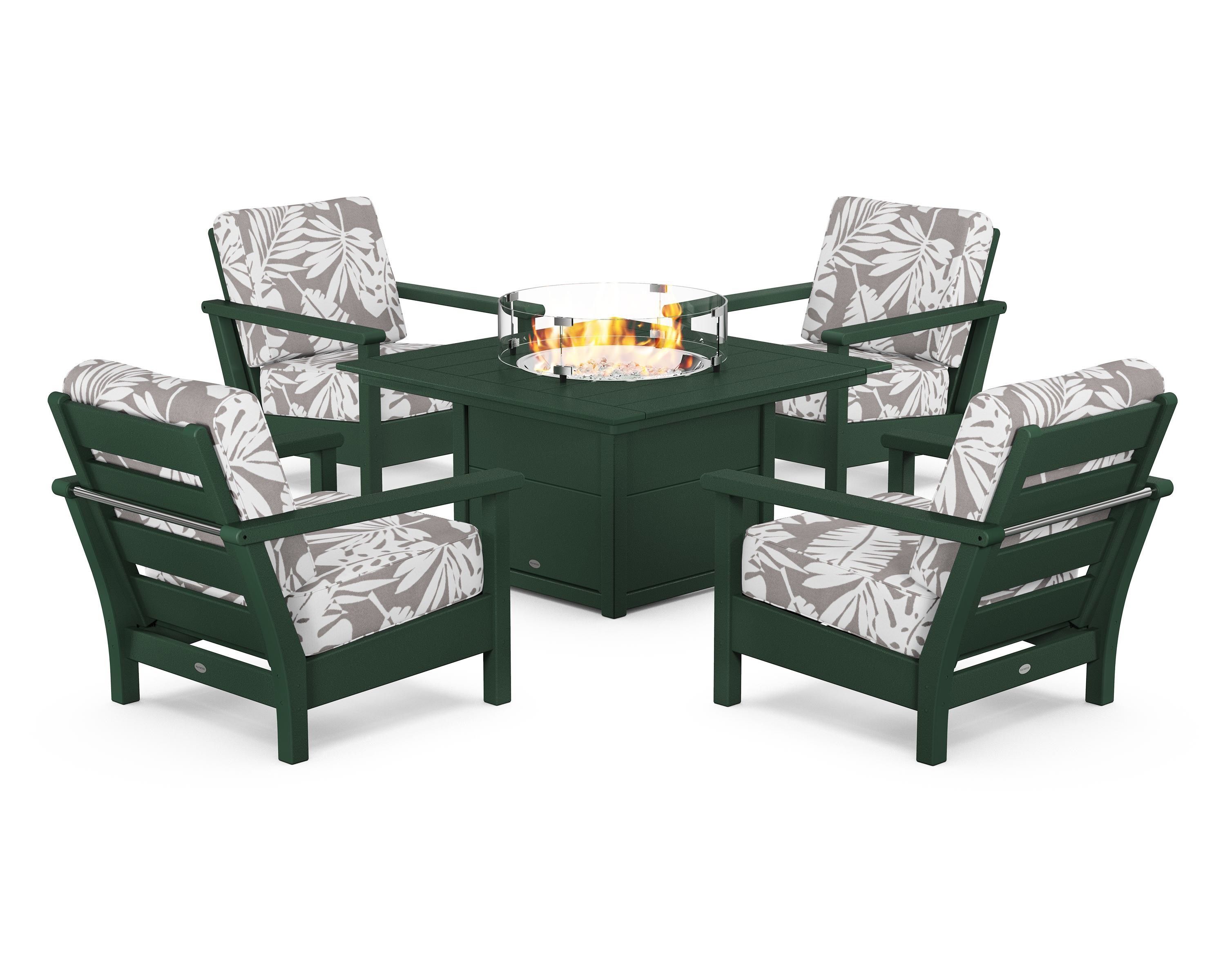 POLYWOOD® Harbour 5-Piece Conversation Set with Fire Pit Table in Green / Leaf Grey Mist
