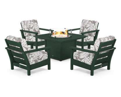 POLYWOOD® Harbour 5-Piece Conversation Set with Fire Pit Table in Green / Leaf Grey Mist