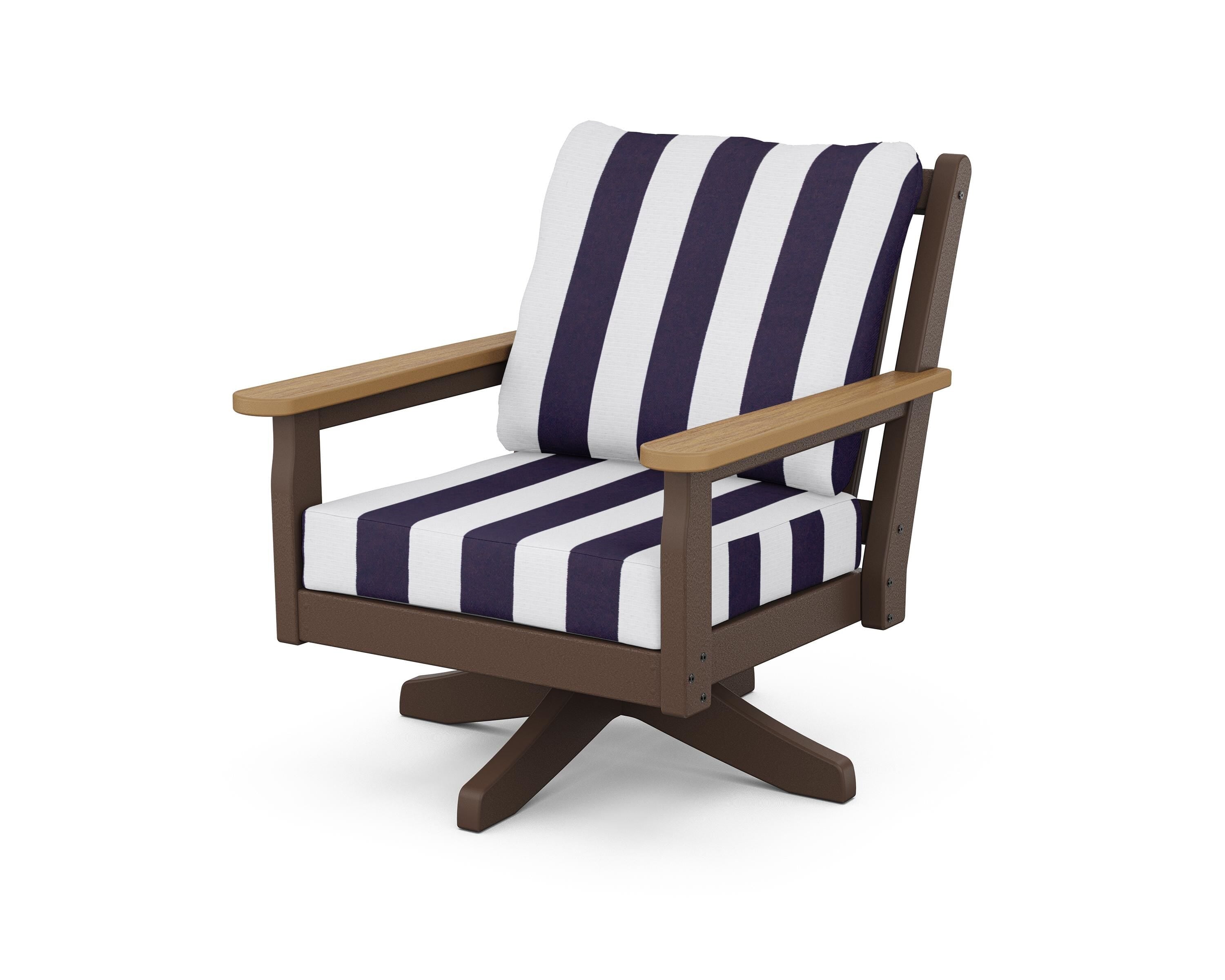 POLYWOOD® Chippendale Deep Seating Swivel Chair in Mahogany / Natural / Cabana Stripe Navy