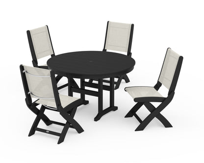 POLYWOOD® Coastal Folding Side Chair 5-Piece Round Dining Set in Black / Parchment Sling
