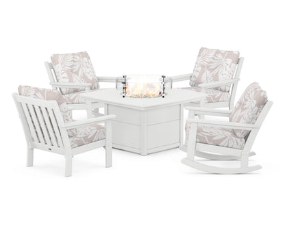 POLYWOOD® Vineyard 5-Piece Deep Seating Rocking Chair Conversation Set with Fire Pit Table in White / Leaf Dune Burlap